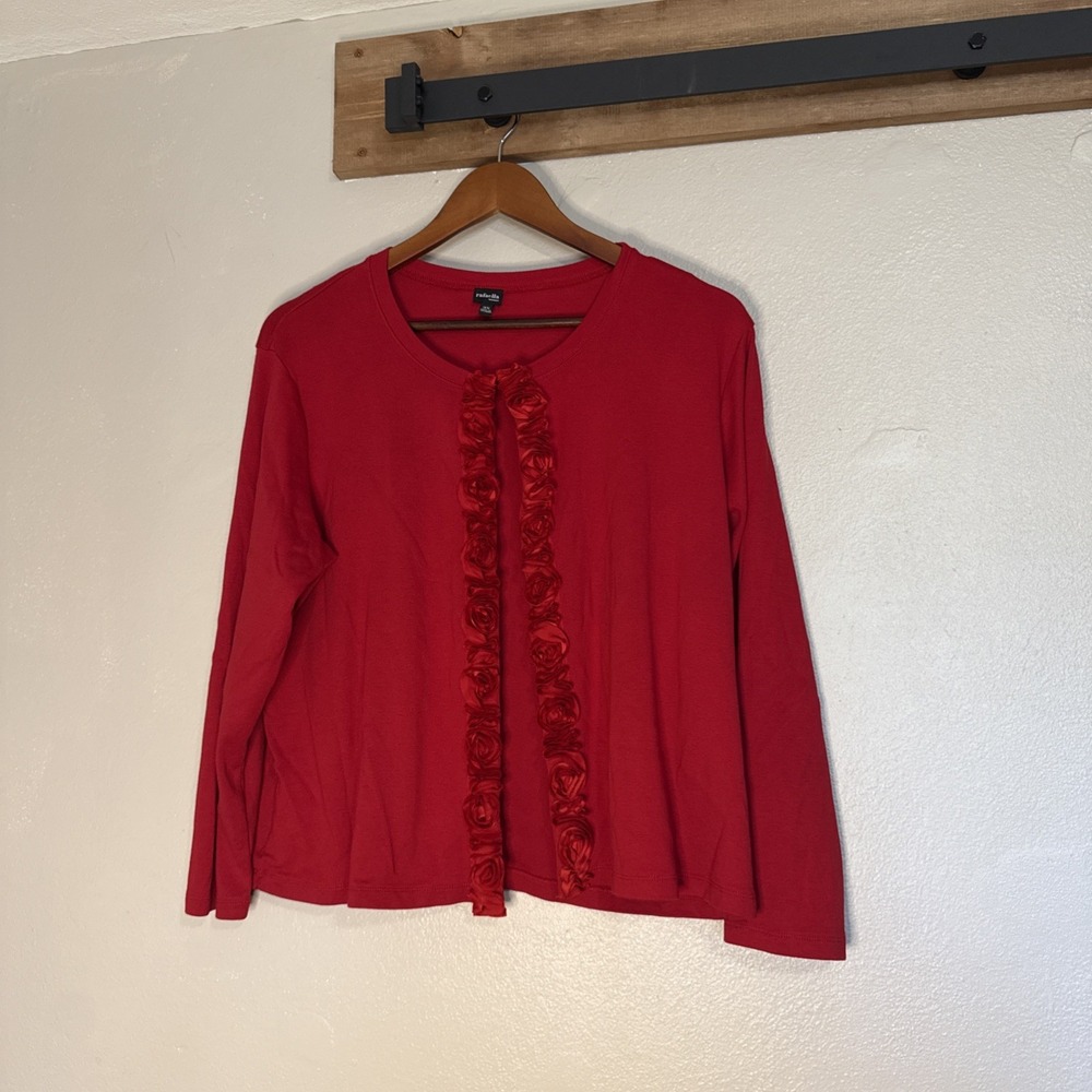 Rafaella Cardigan Sweater Red Ruffle All Cotton Women's‎ Size 3XL